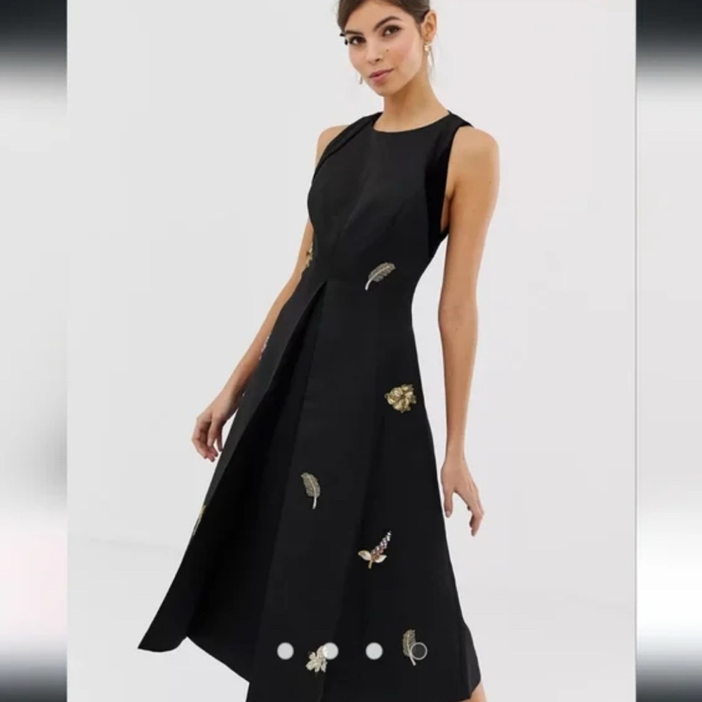 Ted Baker London Black Midi Dress with Gold Embroidery